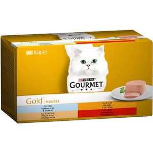 PURINA Gourmet Gold Mousse, 4 arome (Vită, Curcan, Ficat, Ton), pachet mixt, conservă hrană umedă pisici, (pate), 85g x 4