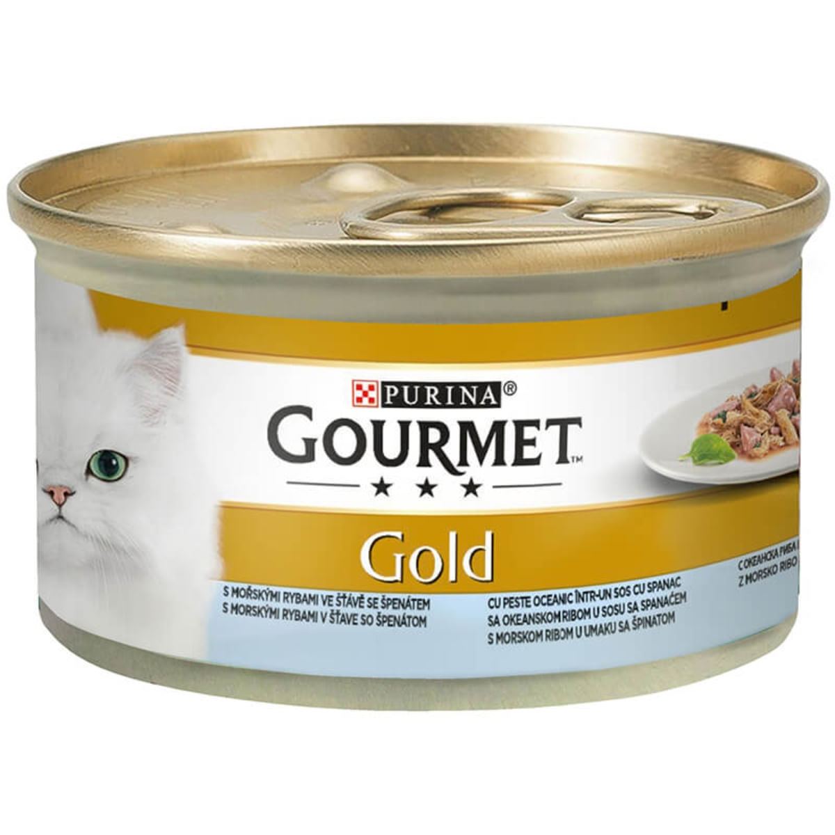 PURINA Gourmet Gold Double Pleasure, Pește oceanic cu Spanac, conservă hrană umedă pisici, (în sos), 85g (conserva)