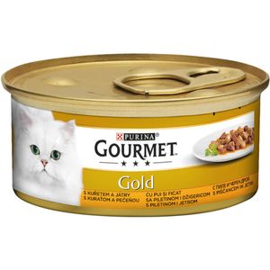 PURINA Gourmet Gold, Pui și Ficat, conservă hrană umedă pisici, (bucăti în sos), 85g