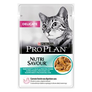 PURINA Pro Plan Delicate Nutrisavour, Pește oceanic, hrană umedă pisici, sensibilități digestive, (în sos)