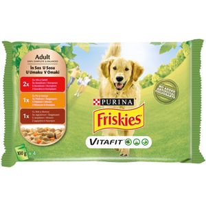 PURINA Friskies Adult, 3 arome (Vită cu Cartofi, Pui cu Morcov, Miel cu Morcov), pachet mixt, plic hrană umedă câini, (în sos), 100g x 4