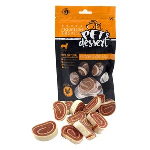 PET'S DESSERT Roll, XS-XL, Pui și Cod, punguță recompense fără cereale câini, 80g