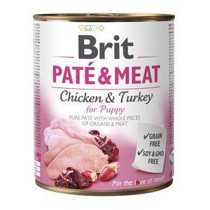 BRIT Pate & Meat Puppy, Pui și Curcan, conservă hrană umedă fără cereale câini junior, (pate cu bucăți de carne)