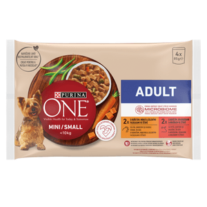 PURINA One Mini Adult, 2 arome, multipack plic hrană umedă câini, (în sos), 85g x 4