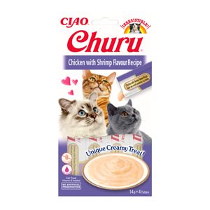 INABA CIAO Churu Piure, Pui și Creveti, recompense lichide lichide fara cereale Pisici, topping cremos, 14g x 4