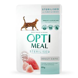 OPTIMEAL Sterilised, Pui și Curcan, hrană umedă pisici sterilizate, (în sos)