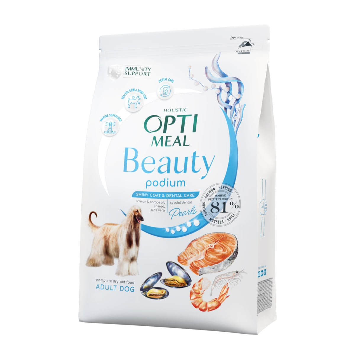 OPTIMEAL Beauty Podium, Fructe de mare, hrană uscată câini, piele și blană, sensibilităţi dentare OPTIMEAL Beauty Podium, XS-XL, Fructe de Mare, hrană uscată câini, piele & blană, sensibilități dentare, 1.5kg 1.5kg