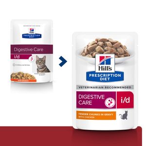 HILL'S Prescription Diet i/d Sensitive Digestive Care, Pui, dietă veterinară pisici, plic hrană umedă, sistem digestiv, 85g x 12buc