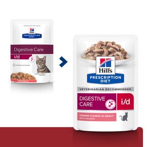 HILL'S Prescription Diet i/d Sensitive Digestive Care, Somon, dietă veterinară pisici, plic hrană umedă, sistem digestiv, 85g x 12buc