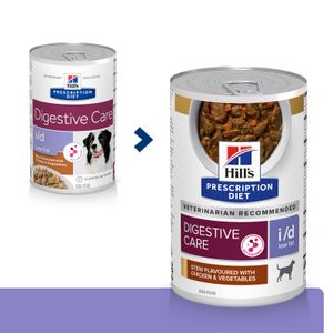 HILL'S Prescription Diet i/d Digestive Care Low Fat, Pui cu Legume, dietă veterinară câini, conservă hrană umedă, sensibilități digestive