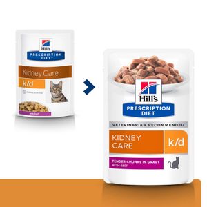 HILL'S Prescription Diet k/d Kidney Care, Vită, dietă veterinară pisici, plic hrană umedă, sistem renal, 85g x 12buc