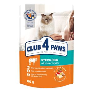 CLUB 4 PAWS Premium Sterilised, Vită, plic hrană umedă pisici sterilizate, (în aspic), 80g