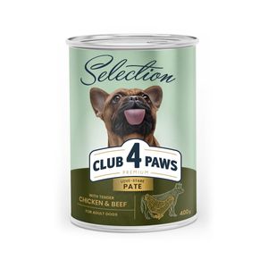 CLUB 4 PAWS Premium , Pui și Vită, conservă hrană umedă câini, (pate), 400g