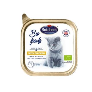 BUTCHER'S Bio Foods, Pui, tăviță hrană umedă bio pisici, (pate), 85g