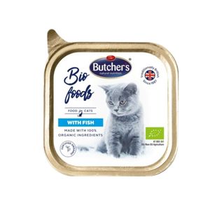 BUTCHER'S Bio Foods, Pește, tăviță hrană umedă bio pisici, (pate), 85g