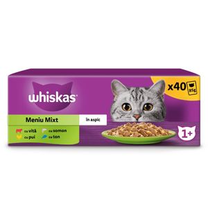 WHISKAS Selectii Mixte, Vită, Pui, Somon și Ton, hrană umedă pisici, (în aspic), multipack