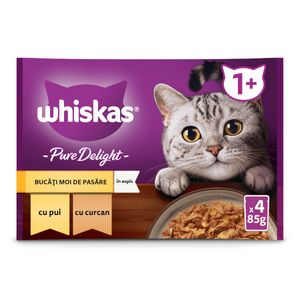 WHISKAS Pure Delight Selectii Pasăre, Pui și Curcan, plic hrană umedă pisici, (în aspic), multipack, 85g x 4