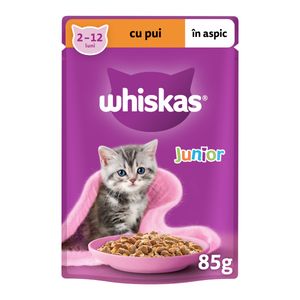 WHISKAS Junior, Pui, plic hrană umedă pisici junior, (în aspic), 85g
