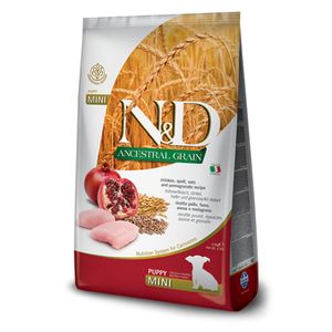 N&D Ancestral Grain Puppy Mini, XS-S, Pui și Rodie, hrană uscată conținut redus cereale câini junior