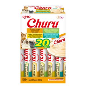 INABA Churu Chicken Varieties (Pui, Pui și Scoici| Brânză| Creveți), cutie, tub recompense fără cereale pisici, (topping), 280g