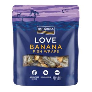FISH4DOGS Love Snack Dog Wraps, XS-XL, Banana și Piele de Pește, punguță recompense fără cereale câini, deshidratat, 100g