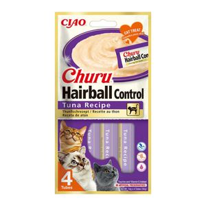 INABA Churu Hairball Control, Ton,, tub recompense fără cereale pisici, limitarea ghemurilor de blană, (piure)