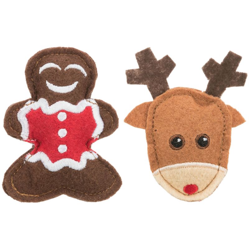 TRIXIE-Christmas-Set-Elan---Turta-dulce-jucărie-de-pluș-pisici-catnip-textil-maro-și-roșu-8cm-1