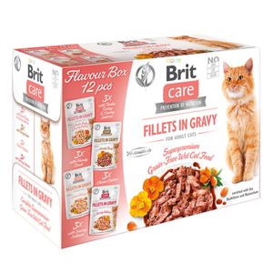 BRIT Care Flavour Box Fillet In Gravy, 4 arome, plic hrană umedă fără cereale pisici, (în sos), 85g x 12