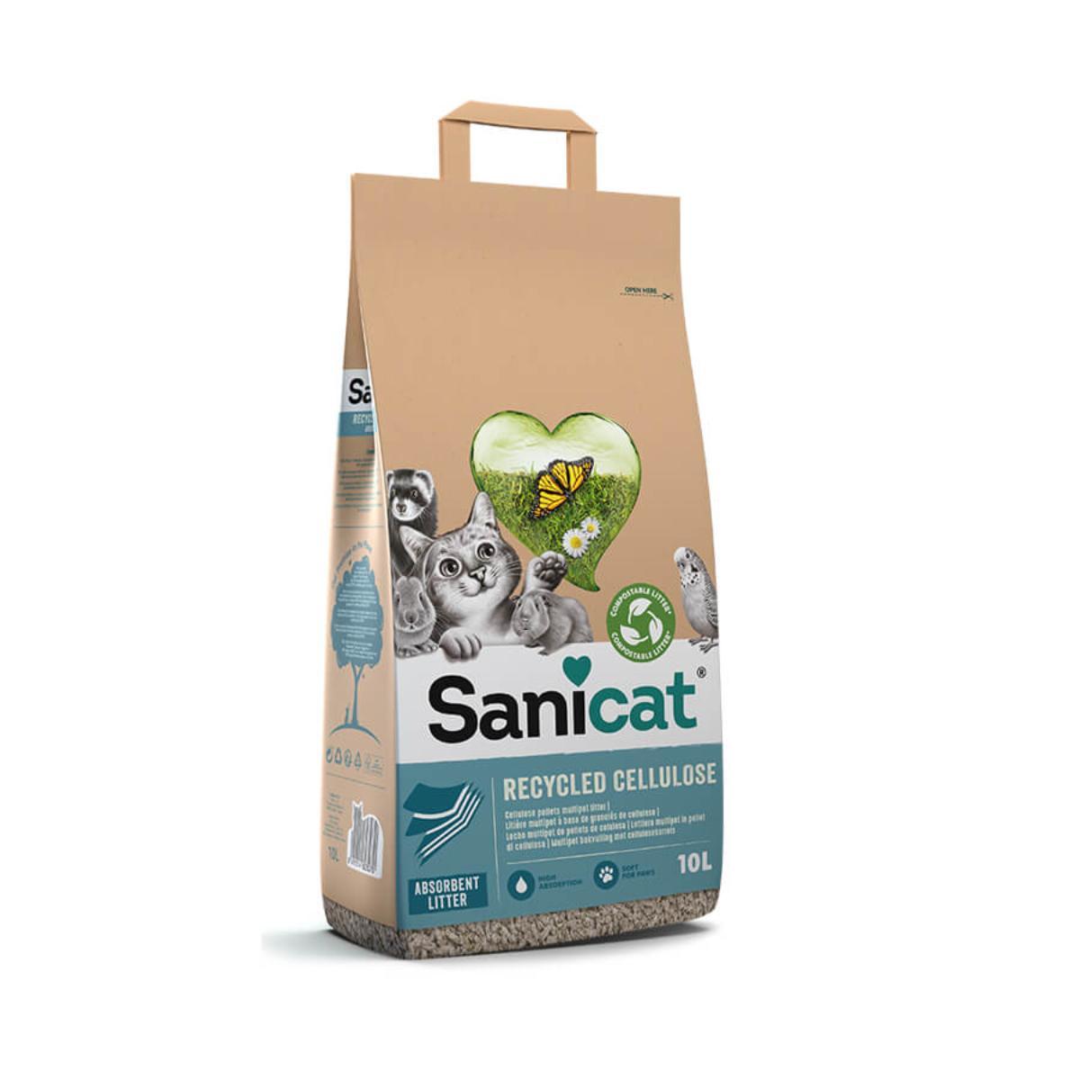 SANICAT Recycled Cellulose, neparfumat, așternut igienic pisici, peleți, celuloza, neaglomerant, ecologic, biodegradabil, 20l