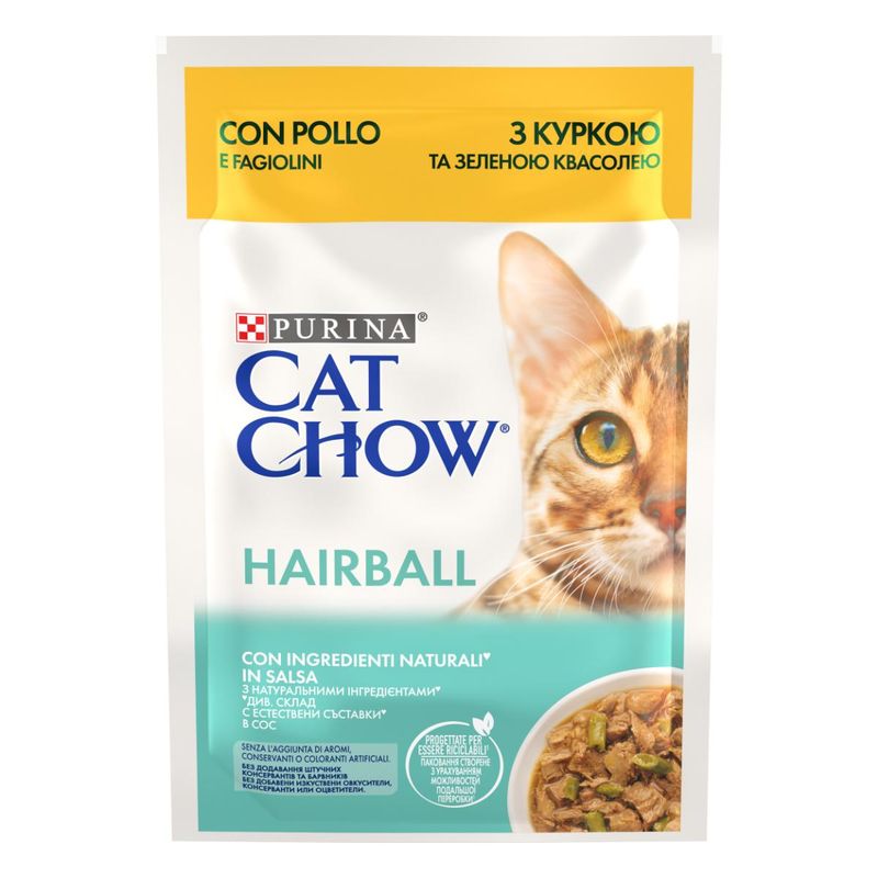 PURINA-Cat-Chow-Hairball-Control-Pui-si-Fasole-Verde-plic-hrana-umeda-pisici-limitarea-ghemurilor-de-blana-in-sos-85g-1