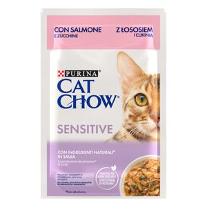 PURINA Cat Chow Sensitive, Somon și dovleac, hrană umedă pisici, sistem digestiv, (în sos)