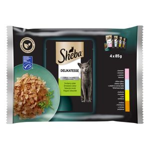 SHEBA Delicatese Selectii Mixte, Carne și Pește, plic hrană umedă pisici, (în aspic), multipack, 85g x 4buc