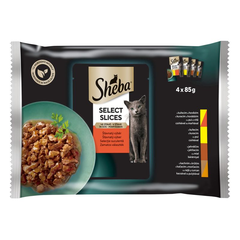 SHEBA-Selection-Carne-plic-hrană-umedă-pisici--in-sos--multipack-85g-x-4buc-1