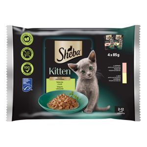 SHEBA Kitten Selectie Mixta, Somon și Pui, plic hrană umedă pisici junior, (în sos), multipack, 85g