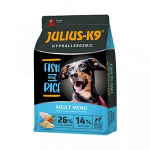 JULIUS-K9 Hypoallergenic Adult Menu, XS-XL, Pește și Orez, hrană uscată câini, alergii