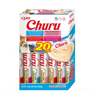 INABA Churu Varieties, Ton și Fructe de Mare, cutie, tub recompense fără cereale pisici, (piure), 280g