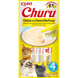 INABA Churu Pui, Brânză și Vită, plic, tub recompense fără cereale pisici, (piure), 56g