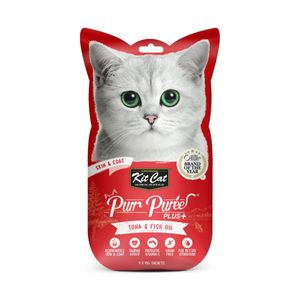 KIT CAT Purr Puree Plus Skin & Coat, Ton, plic, punguță recompense funcționale fără cereale pisici, piele & blană, (piure), 15g x 4buc