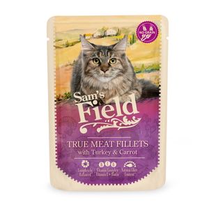 SAM'S FIELD True Meat Fillets, Curcan și Morcov, plic hrană umedă fără cereale pisici, (în sos), 85g