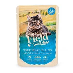 SAM'S FIELD True Meat Fillets, Pește alb, plic hrană umedă fără cereale pisici, (în sos), 85g