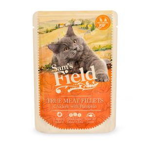 SAM'S FIELD True Meat Fillets, Pui și dovleac, plic hrană umedă fără cereale pisici, (în sos), 85g