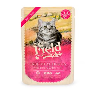 SAM'S FIELD True Meat Fillets Kitten, Curcan și Broccoli, plic hrană umedă fără cereale pisici junior, (în sos), 85g