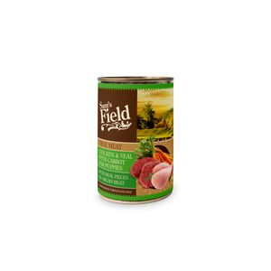 SAM'S FIELD True Meat For Puppies, XS-XL, Pui și Vițel, conservă hrană umedă fără cereale câini junior, (în aspic), 400g