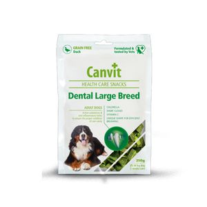 CANVIT Snack Dental Large Breed, L-XL, Rață, punguță recompense funcționale câini, sensibilități dentare, 250g