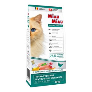 MIAU MIAU Indoor & Sterilised, Pui, hrană uscată pisici sterilizate, 10kg