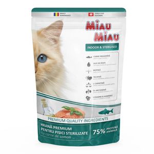 MIAU MIAU Indoor & Sterilised, Somon, hrană uscată pisici sterilizate, 800g