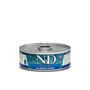 N&D Ocean Kitten, Cod și Creveți, conservă hrană umedă fără cereale pisici junior, (în aspic), 70g