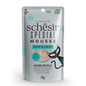 SCHESIR Special Skin & Coat, Somon și Pui, plic hrană umedă fără cereale pisici, piele & blană, (mousse), 70g