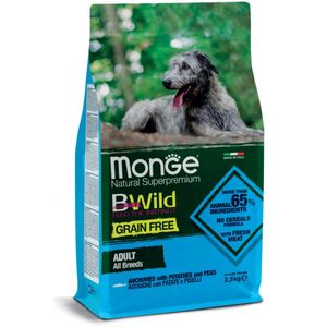 MONGE BWild, XS-XL, Anșoa și Cartofi, hrană uscată fără cereale câini, 2.5kg