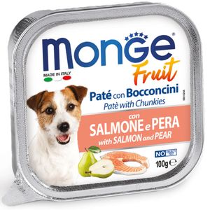 MONGE Fruit, XS-XL, Somon și Pere, tăviță hrană umedă fără cereale câini, (în suc propriu)